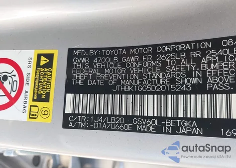 2013 Lexus Es 350 z USA, uszkodzony, nr VIN JTHBK1GG5D2015243